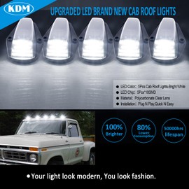KDM Clear Lens Led Cab Roof Top Marker Lights assembly Fit for 1973-1997 Ford F150 F250 F350 F450 Super Duty,Mounted Running Clearance Bright White,5Pcs Pack