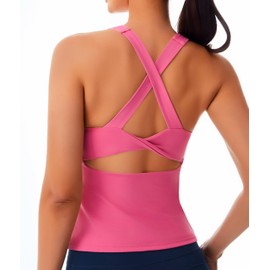 Workout Tank Top with Built-in Bra for Women – Cross Back Athletic Yoga Tops Breathable Stretchy Sports Camisole for Gym Pilates Rose