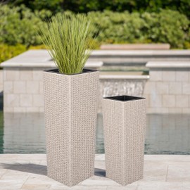 Christopher Knight Home Jorine Patio Wicker Planters Set of 2, Rattan Garden Urn, Iron Frame Flower Pots, Woven Wicker Garden Pot, 2 Plant Urns with Drainage Hole for Backyard Hall Balcony, Beige