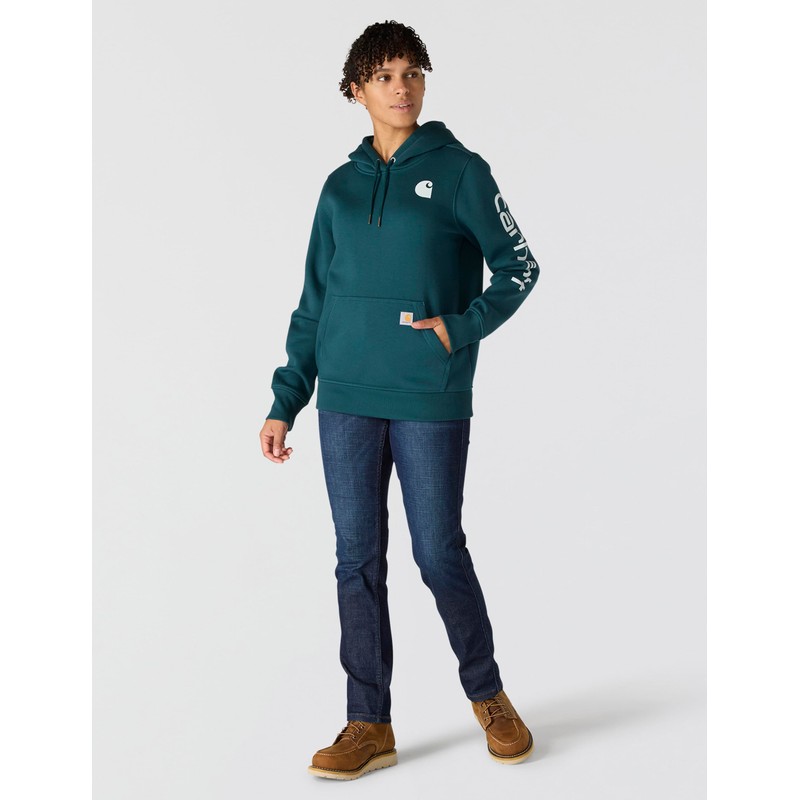 Carhartt Women's Relaxed Fit Midweight Logo Sleeve Graphic Sweatshirt, Greenstone,