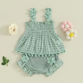 LYSINK Toddler Baby Girls Summer 2pcs Outfit Sleeveless Pleated Cutout Floral Tank Tops Stretch Ruffle Bloomers Shorts Sets (A-Green, 3-6 Months)