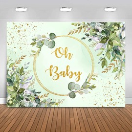 Sensfun Sage Green Baby Shower Backdrop Neutral Baby Shower Decorations Greenery Eucalyptus Gold Oh Baby Banner Photography Background for Boy Girl Gender Reveal Party Supplies Photo Booth Props 7x5ft