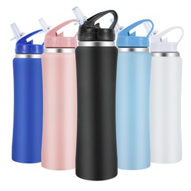 Insulated Water Bottles,600ml Stainless Steel Water Bottle with Straw,Metal Water Bottle,Double Walled Drink Flasks Leakproof Keep Drinks Hot Cold(Black)