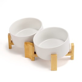 SPUNKYJUNKY 15° Slanted Ceramic Dog and Cat Bowl with Wooden Stand, Tilted Bulldog Food and Water Bowl No Slip Non-Spill for Cats Medium Dogs Big Face Pets 28.7 OZ (3.6 Cups, White × 2)