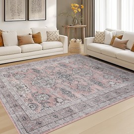 GarveeHome Washable Rugs for Living Room Bedroom Vintage Oriental Office Carpet Distressed Room Decor Low Pile Neutral Soft Nursery Rug Non Slip Farmhouse Floor Cover Pink 10'x13'