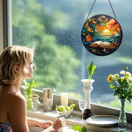 Stained Glass Window Hanging, Stunning 8''/20CM Suncatchers for Windows with Fade Resistant Hand-Painted Decorative Hanging Ornaments Captures Sunlight to Create a Vibrant Atmosphere (Book)