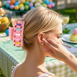 PHALIN Easter Hair Claw Clips for Women Bunny Hair Claws Large Pink Square Crystal Carrot Hair Barrettes Easter Accessories Outfits Gifts for Spring Holiday (Pattern E)