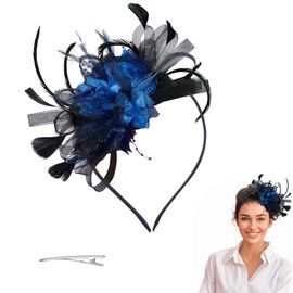 TICKLELY Fascinator Women's Fascinator Hat Flower Mesh Feathers Clip Headdress Hair Accessories for Party Church Wedding Cocktail Jockey Club (Black Sapphire Blue), black