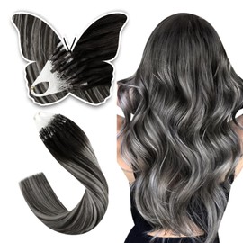 Easyouth Balayage Micro Hair Extensions Human Hair Micro Links Hair Extensions Ombre Off Black Fading to Grey Silver Real Human Hair Microbeads Hair Extensions for Women 14 inch 50g/50s