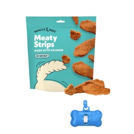 Wiggles & Wags Meaty Strips Dog Treats, Salmon Flavor, 16 oz with Bone Shaped Waste Bag Dispenser & Free Roll