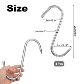 uxcell 4Pcs Meat Hooks 9.9 Inch 12mm Stainless Steel Smoking Hook Butcher Hook Meat Processing Butcher Hook Hanger Hooks for Smoking, Grilling, Beef, Rib, Barbecue