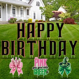 Pink and Green Witch Theme Party Decorations,16pcs Happy Birthday Party Yard Decorations with Stakes,Pink Goes Good with Green Waterproof Outdoor Lawn Sign for Birthday Holiday