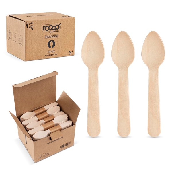 FOOGO Green 250pcs Wooden Dessert Spoons, 11cm Small Disposable Cutlery, for icecreams, Jelly, Cakes, Sturdy Eco-Friendly Wooden Spoon
