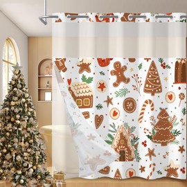No Hook Christmas Shower Curtain with Snap in Fabric Liner Set,Christmas Baking Gingerbread Houses Tree Cookies Candy Cane Sweet Winter Bathroom Decor Fabric Waterproof Shower Curtain,71W x 74L