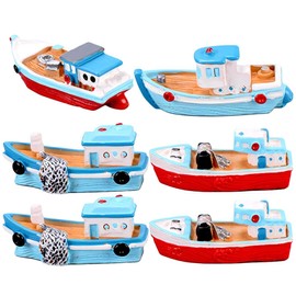 SEWACC 6pcs Miniature Boat Figurines, Mini Fishing Boat Model Resin Fishing Boat Ornaments for Home Decor (Random style)