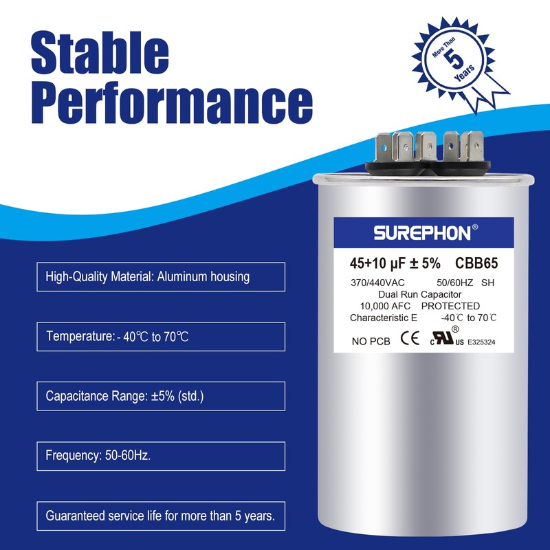 SUREPHON 45+10 uF 45/10 MFD ±5% 370V/440VAC Dual Run Start