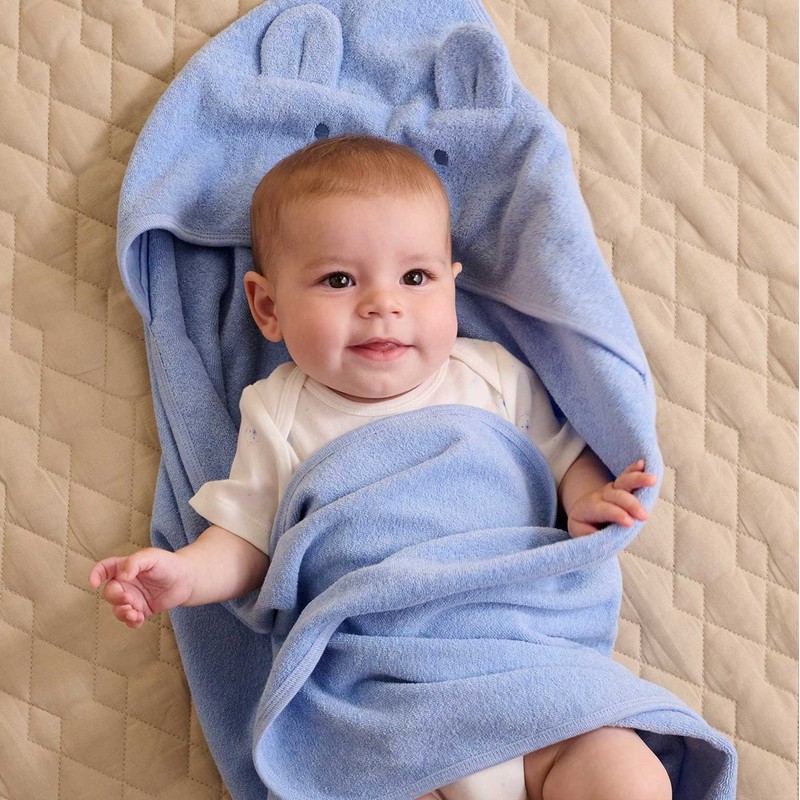 Purebaby Essential Bear Cotton Hooded Towel, Pale Blue Melange
