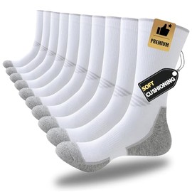 JOYNÉE 5 Pairs Mens Lightweight Athletic Crew Socks Cushioned Breathable Long Socks for Sports Running,White,Sock Size:10-13