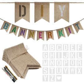 15 PCS Burlap Banner DIY Kit With 27 PCS Letter Stencil Banner Burlap Painting For Party Decorations Swallowtail Flags For Birthday
