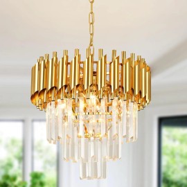 Golden Crystal Chandelier Lights 3-Tier Raindrop Flush Mount Ceiling Light for Dining Room Living Room D40cm E14x4 LEDShade  color: Orange, Design Style: Modern, Lamp Power(W): 100, Number of Lights: 4 Bulbs