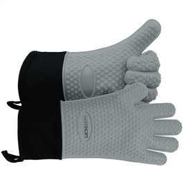 GEEKHOM BBQ Gloves, Grilling Gloves Heat Resistant Oven Gloves, Kitchen Silicone Oven Mitts, Long Waterproof Non-Slip Pot Holder for Barbecue, Cooking, Baking, Light Grey