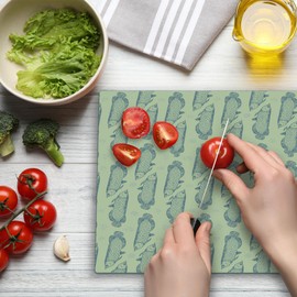 Ambesonne Nautical Cutting Board, Marine Theme Arowana Fish Pattern Along Seaweeds and Seashells, Decorative Tempered Glass Cutting and Serving Board, Large Size, Pale Yellow and Blue Grey