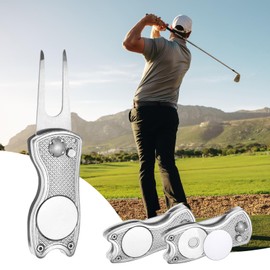 TIXIPEM Golf Divot Repair Tool [4PCS] - Switch Foldable Divot Tool Rack with Magnetic Ball Marker & Open Button Use for Golf Accessories & Gifts - [Silver] Green Fork Tines