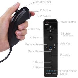 ECRABONE Wii Remotes and Nunchuck Controller 2 Pack, Wii Remote with Motion Plus Compatible with Wii & Wii U Console | Wii Remote Controller with Shock Function (Black + Blue)