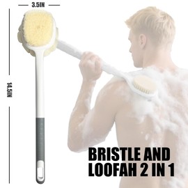 Shower Body Brush Soft Bristles and Loofah Long Handle Back Scrubber Bath Mesh Sponge Skin Exfoliating Men and Women (Blue)