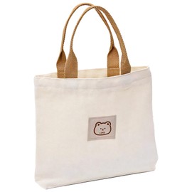 Constlia Women's Mini Tote Bag, Zipper Included, Cute Bear Logo, Thin, Smaller, Canvas Bag, white