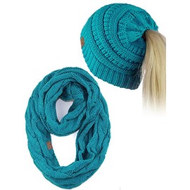 C.C BeanieTail Messy High Bun Cable Knit Beanie and Infinity Loop Scarf Set, Teal