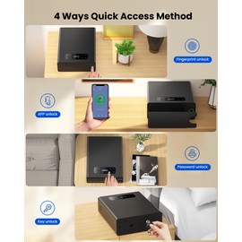 EAMIRUO Single Handgun Safe Unlock with Fingerprint/Keypad/Key/Application, 0.5s Quick Access Biometric Pistol Safe for Handgun, Small Drawer Gun Safe for Nightstand Bedside