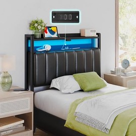 GREENSTELL Headboard for Bed with Storage, Upholstered Headboards with Charging Station, Head Board Only, Height Adjustable, Reversible, Sturdy and Stable Headboard