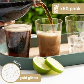 MATANA 50 Clear Hard Plastic Cups, Tumblers with Gold Glitter (300ml) - Sturdy & Reusable - Birthdays, Weddings, Anniversary, Christmas, New Year's Eve Celebrations, BBQ, Picnic, Parties