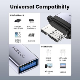 MOGOOD Micro B Male to USB Female Adapter, Micro B to USB 3.0 Female, Micro B to USB Female Data Adapter Short Converter Adapter for Computers, Laptops, External Hard Drives (2 Pack)