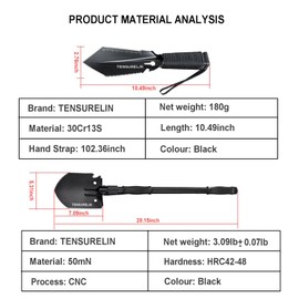 TENSURELING Survival Shovel, Folding Camping Shovel, High Carbon Steel Military Tactical Trench Spade with Pickaxe, Multitool Entrenching Tool for Off Road, Gardening, Metal-Detecting, Digging