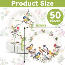 Naozinebi 50PCS Bird Paper Plates 7inch Spring Bird Floral Party Dessert Plates Watercolor Bird Tableware Dinnerware Set Vintage Bird Paper Dinner Plates for Birthday Wedding Spring Summer Party Decor