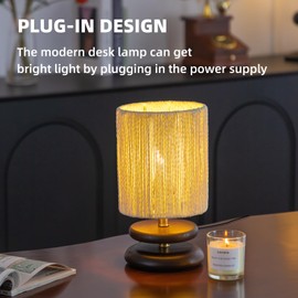 Monikessy Boho Rattan Table Lamp Rustic Wood Bedside Lamp with Handmade Woven Shade Vintage Natural Decorative Nightstand Lamp for Bedroom Living Room Desk Kids Room, Dia5.9 x H12