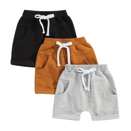 Yoawdats Baby Boys' 3-Pack Pull-on Jogger Shorts Knit Shorts Classic Fit Elastic Waist Toddler Shorts Kids Multipacks Pants (Black Brown Grey, 6-12 Months)