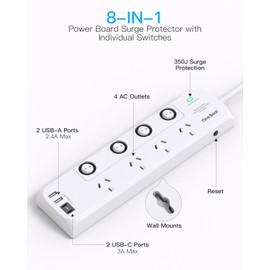 One Beat Power Board Surge Protector with Individual Switch,Power Strip with 4 AC Outlets,2USB A and 2USB C Charging Port,1.8M Extension Cord 350 Joules Powerboard,Wall Mount for Home,Dorm and Office
