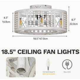 DWVO 18.5 Inch Caged Ceiling Fan with Lights and Remote, Beaded Decor, Farmhouse Flush Mount Ceiling Light Fixture with Reversible DC Motor, 6 Speeds, for Bedroom, Living Room, Dining Room (Off-White)