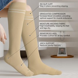 LEVSOX Compression Socks for Pregnant Women 20-30 mmHg Knee High Viscose for Bamboo Cute Funny Mens Supports Socks for Nurses, Medical, Travel and Flight, Wheat