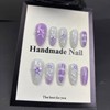 Almond Press on Nails Medium 3D Floral Fake Nails Purple&White