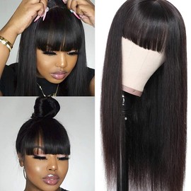 Amella Hair Straight Human Hair Wigs with Bangs for Black Women 150% Density Brazilian Straight None Lace Front Wgis with Bangs Glueless Machine Made Wigs Natural Black Color (24inch,Straight Wigs)
