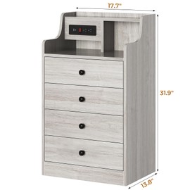 ADORNEVE Grey Nightstand with Charging Station,Night Stand with Power Outlets,Bedside Table with 4 Storage Drawers,End Table with Hutch,Bed Side Tables for Bedroom