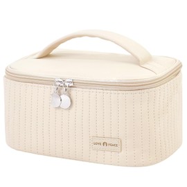Neceser de Viaje Mujer, Cosmetiquera para Maquillaje Gran Capacidad Bolsa de Cosméticos PU Impermeable Organizador Portátil Con Asa y Cremallera Baño Tocador Aseo (Blanco)