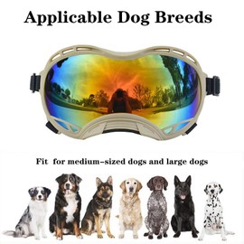 Soft Dog Goggles Large Breed Anti-UV Dog Sunglasses,Large Dog Sunglasses for Medium-Large Dogs Dustproof Windproof Snowproof Sking Dog Eye Protection (Khaki Frame &Colored Lens/Small)