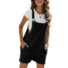 Vanchenl Women's Summer Short Dungarees Casual Adjustable Straps Bib Cotton Linen Overalls with Pockets, black