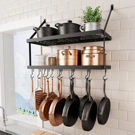 KES Pot Rack Wall Mounted, Pots and Pans Hanging 2 Tier 30-Inch for Kitchen Hanging Pan Rack Organizer with 12 S-Hooks Heavy-Duty Matte Black, KUR218S75B-BK