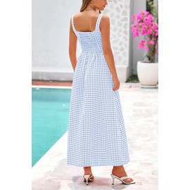 PRETTYGARDEN Women's 2025 Summer Spaghetti Strap Maxi Dresses Plaid Square Neck A Line Casual Beach Vacation Long Sundress (Light Blue,X-Large)